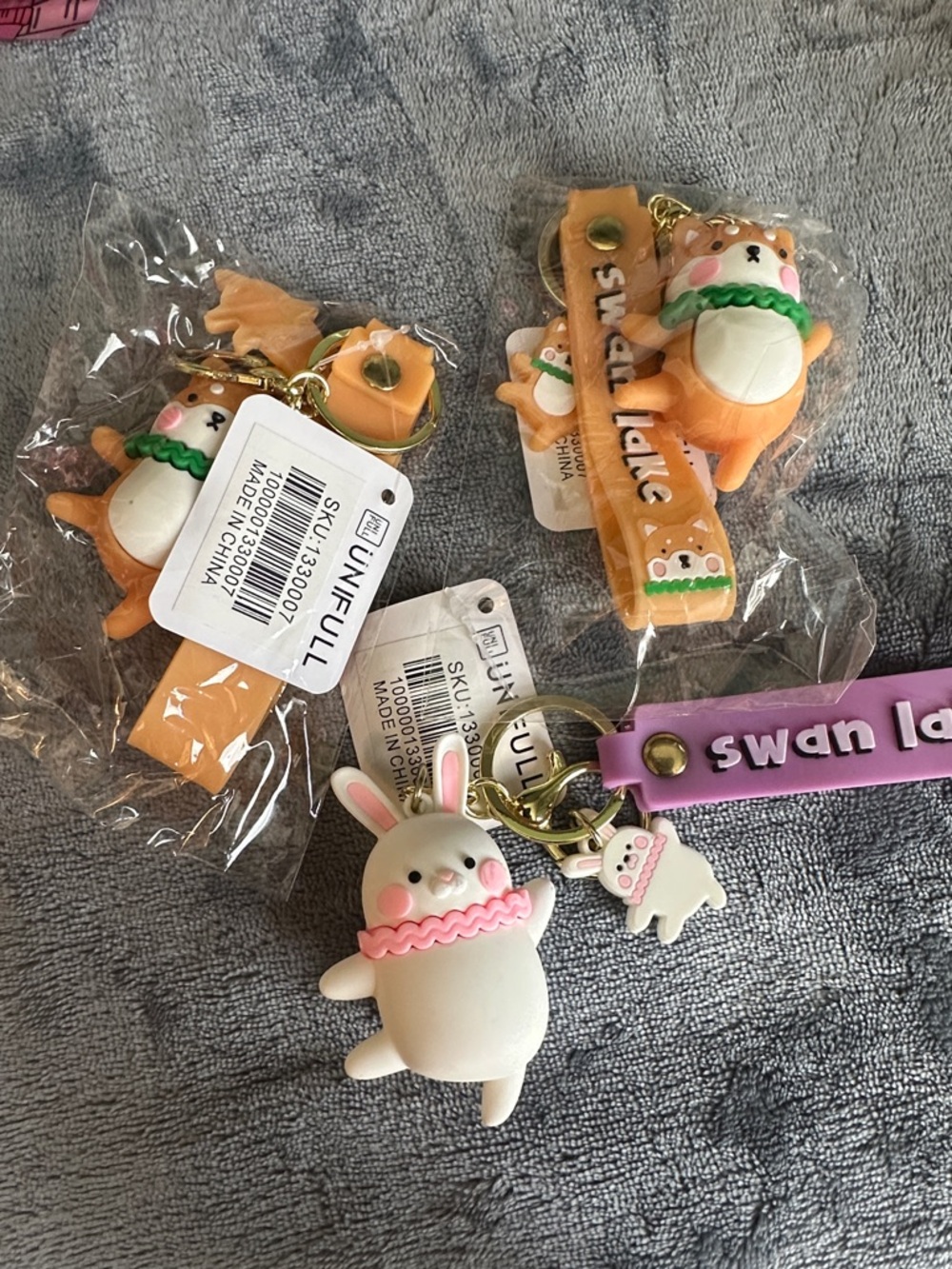Cute Bunny & Tan Dog Keychain Set with 'swan lake' Strap